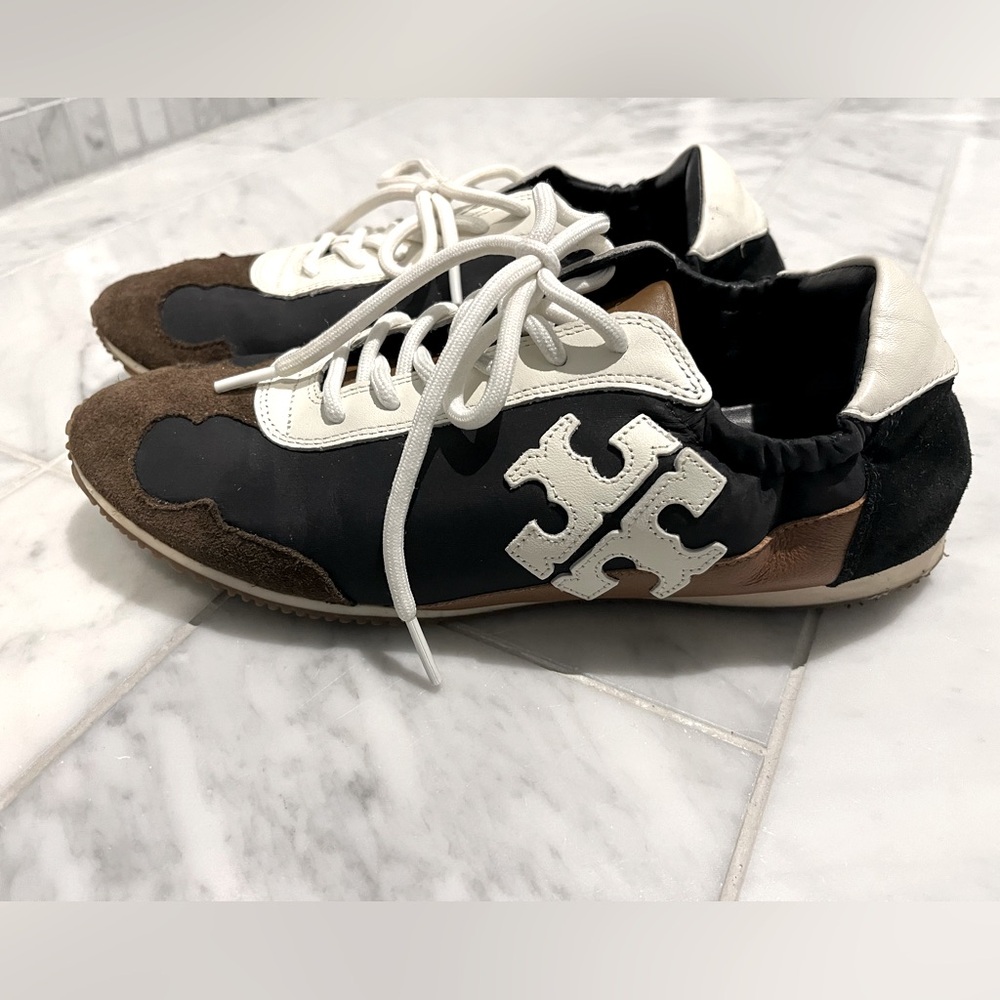 TORY BURCH Tory Retro Runner Sneakers white, black, and brown Size 8.5. Like new